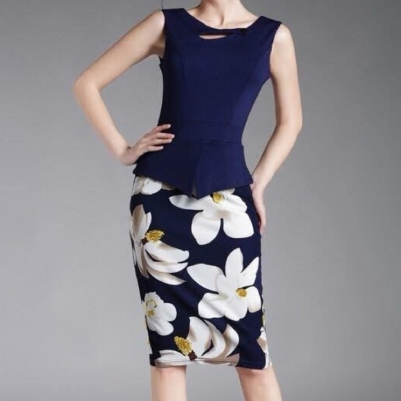 Oxiuly Fashion Dresses & Skirts - 🩷 Oxiuli Fashions Korean Dress Navy Fitted Floral Peplum Dress Sz Small